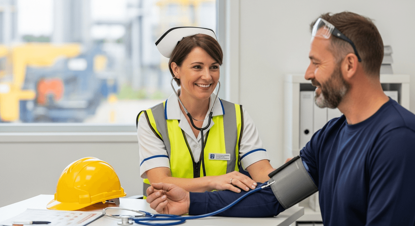 İşyeri Hemşiresi iş yerinde sağlık kontrolü yapıyor