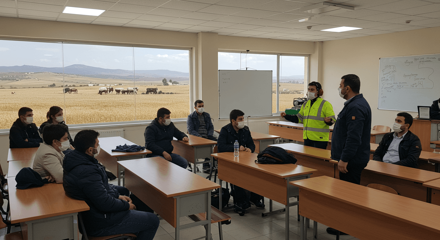 Hani Diyarbakır iş güvenliği kursu — kesimhane pneumatic stun-gun kalibrasyonu, yem silosu bridging LOTO güvenliği ve ADR nakliye İSG eğitimi