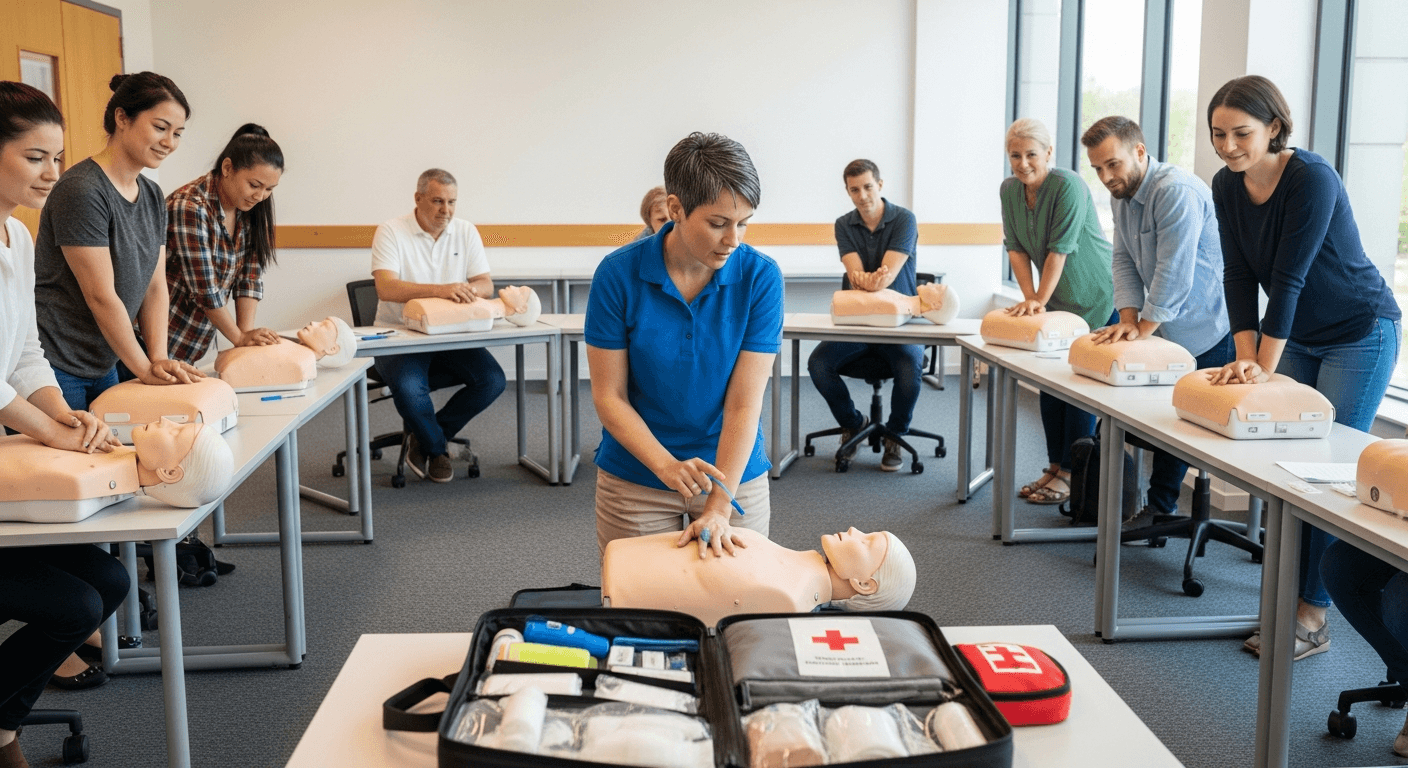 İlk yardım eğitiminde CPR uygulaması yapan kursiyerler